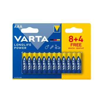 VARTA Batteries AAA (8+4 free), Longlife Power, Alkaline, 1.5 V, Ideal for Toys, Wireless Mouse, Torches, Plastic-Free Packaging, Made in Germany