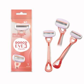 Dorco Eve 3 Razor for Women, 3 Blades Pivoting Wide Head, 1 Rubber Handle in a Pink Pouch