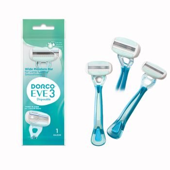 Dorco Eve 3 Razor for Women, 3 Blades Pivoting Wide Head, 1 Rubber Handle in a Blue Pouch