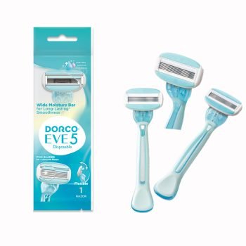 Dorco Eve 5 Razor for Women, 5 Blades Pivoting Wide Head, 1 Rubber Handle in a Blue Pouch