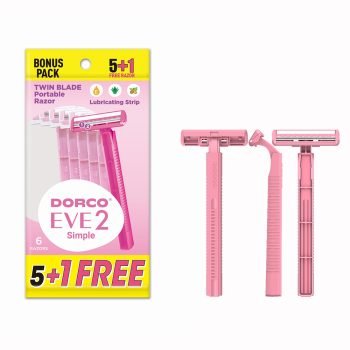 Dorco EVE 2 Women’s Razor with 2 blades, pivoting head, moisture strip and ergonomic handle, includes 1 free razor