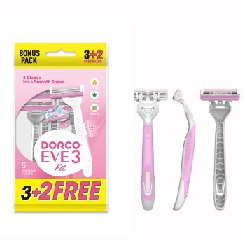 Dorco Eve 3 Disposable Razors for Women, 3 Blades Pivoting Head, 3+2 Rubber Handles in a Pouch
