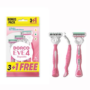 Dorco Eve 4 Women’s Disposable Razors with 4 blades, pivoting head, moisture strip and 3+1 rubber handles in pouch