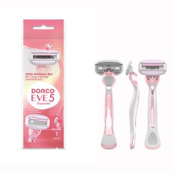 Dorco Eve 5 Women’s Razor with 5 blades, wide pivoting head, moisture strip and ergonomic rubber handle in pouch