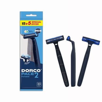 Dorco Pace 2 Men’s Disposable Razors with 2 blades, pivoting head, lubricating strip and 15+5 plastic handles in pouch