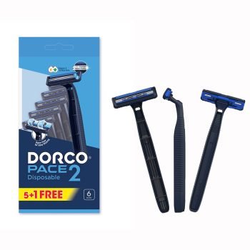 Dorco Pace 2 Men’s Disposable Razor with dual blades and lubricating strip – 5+1 handles in pouch