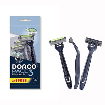 Dorco Pace 3 Men’s Disposable Razors with 3 blades, pivoting head, lubricating strip and 3+1 plastic handles in pouch