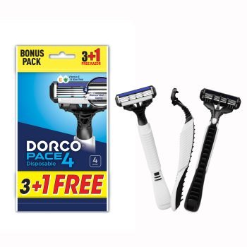 Dorco Pace 4 Men’s Disposable Razor with four stainless steel blades, pivoting head, and lubricating strip