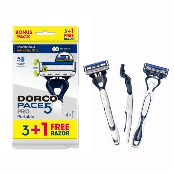 Dorco Pace 5 Pro Men’s Disposable Razors with 5 blades, pivoting head, moisture strip and 3+1 rubber handles in pouch