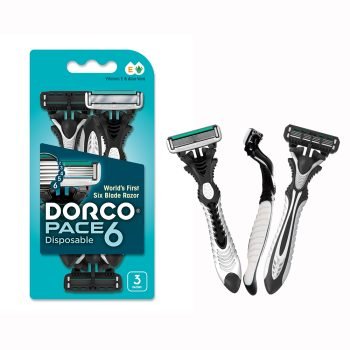 Dorco Pace 6 Men’s Disposable Razor with six precision stainless steel blades, pivoting head, and moisturizing strip