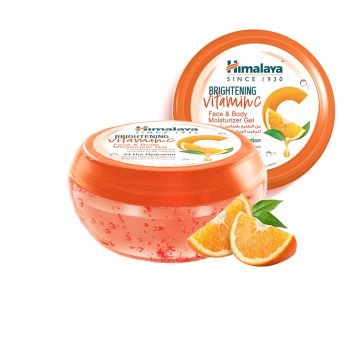 Himalaya Brightening Vitamin C Face & Body Moisturizer Gel 300 ml jar with fresh orange slices